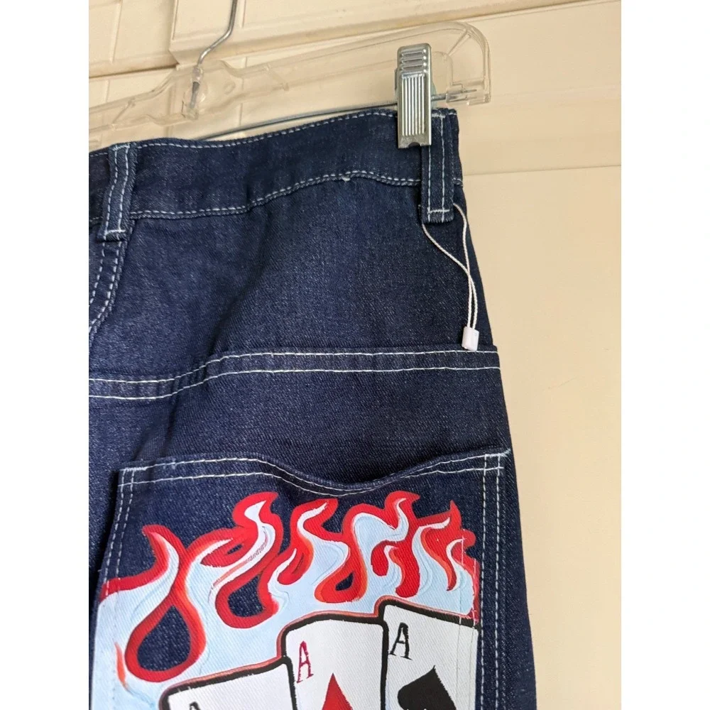 JNCO‎ Jeans Mens Dark Wash Wide Leg Baggy Denim Four Aces Flame Graphic 90s Y2K